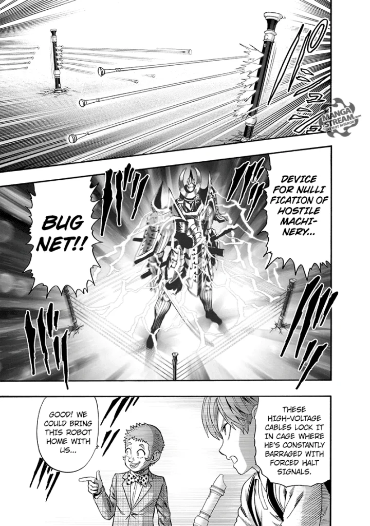 The mechanical enemy stands as he gets electrocuted by Child Emperor's "Bug Net".