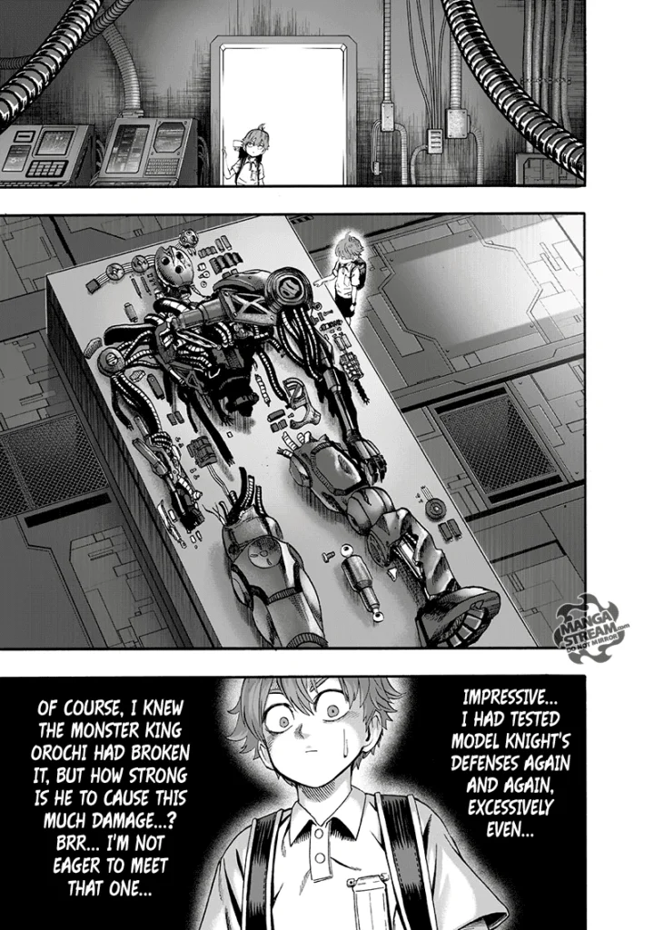 Child Emperor enters a room and is surprised to see Metal Knight's robotic body lying on the table destroyed.