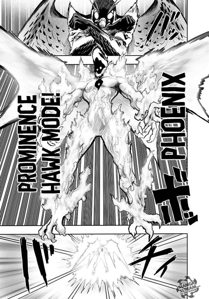 Phoenix Man glows up and transforms his body into "Phoenix Prominence Hawk Mode" as the lasers hit him.