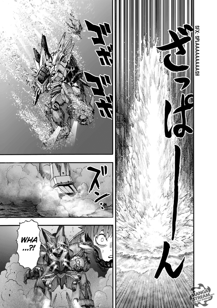 The Gundam and Phoenix Man fall into the water.