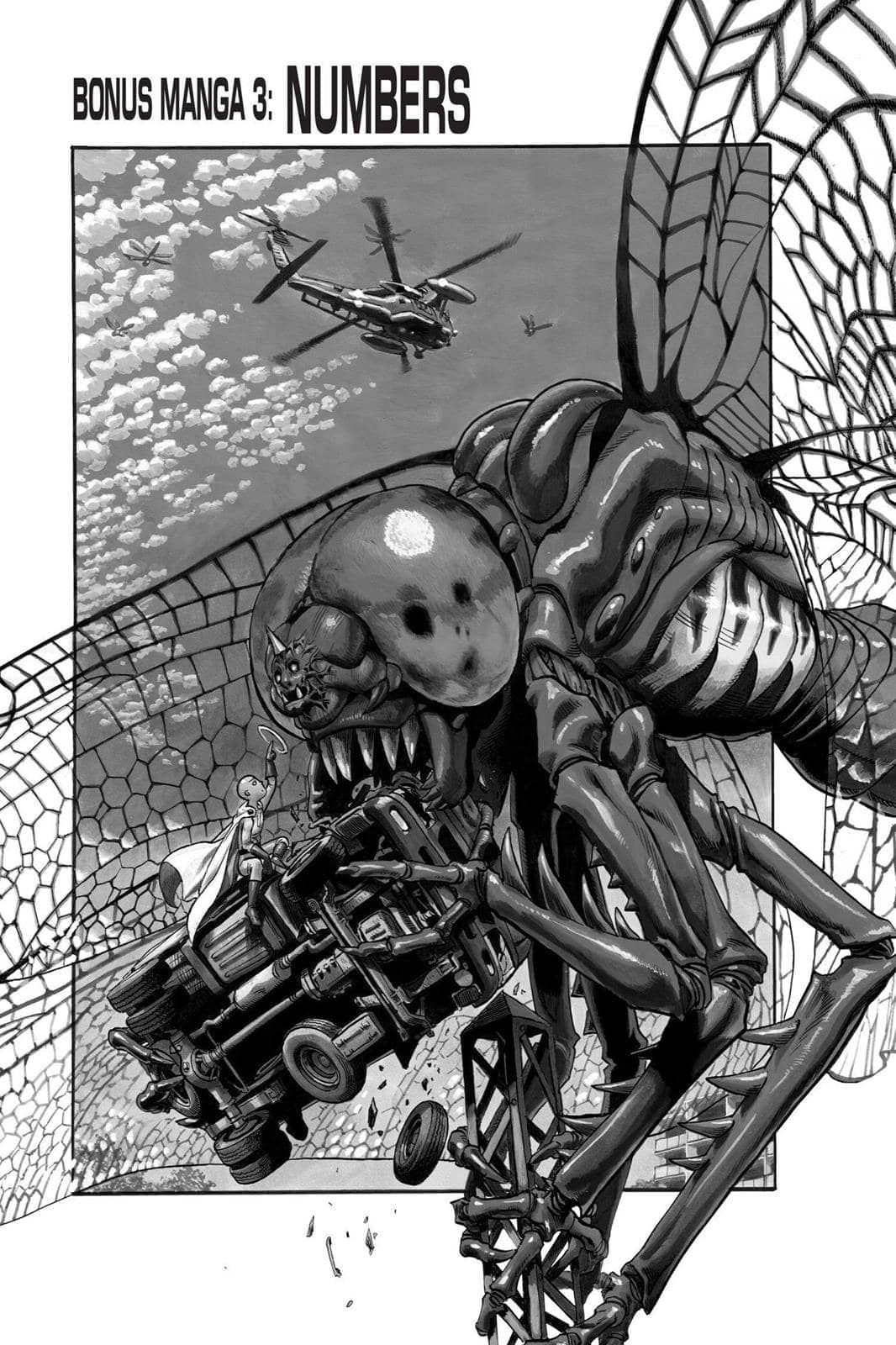 A huge dragonfly monster eating a truck where Saitama sits down, getting the monster's attention.