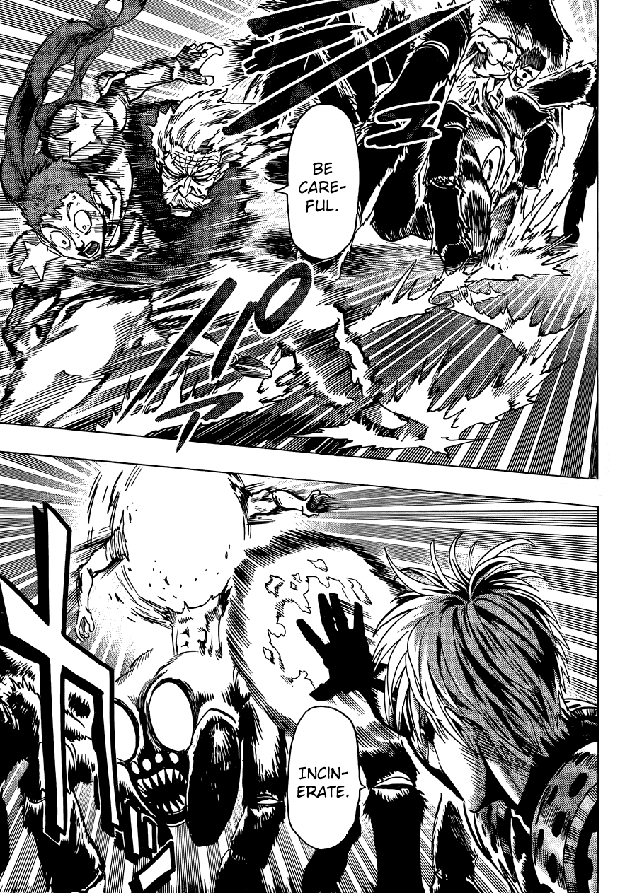 Bang suddenly rescues one of the heroes, and Genos blows off the human upper body of the monster.