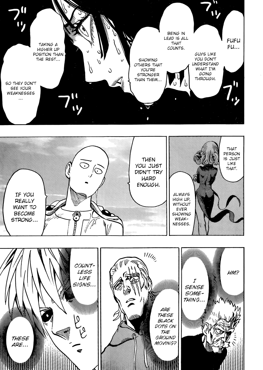 Miss Blizzard is still depressed and sweating, while Saitama gives advice when the ground suddenly shakes.