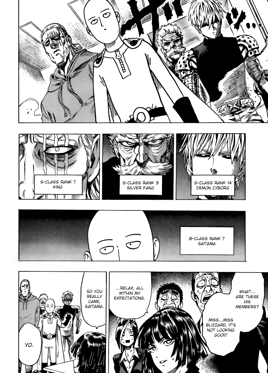 Saitama arrives with King, Genos, and Bang for the competition, and The Blizzard group members are nervous.