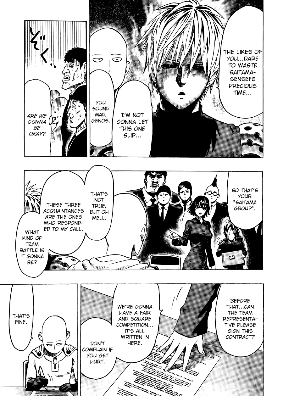 Genos gets mad, but Miss Blizzard gives the contract, which Saitama quickly signs.