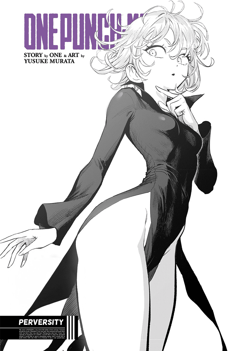 Tatsumaki is standing while her left hand is below her chin, as in the cover image of chapter 208.